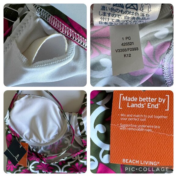 Lands End Floral Deco Tankini Top 10 Azalea Pink White Swirl Print Removable Cup - Picture 2 of 16